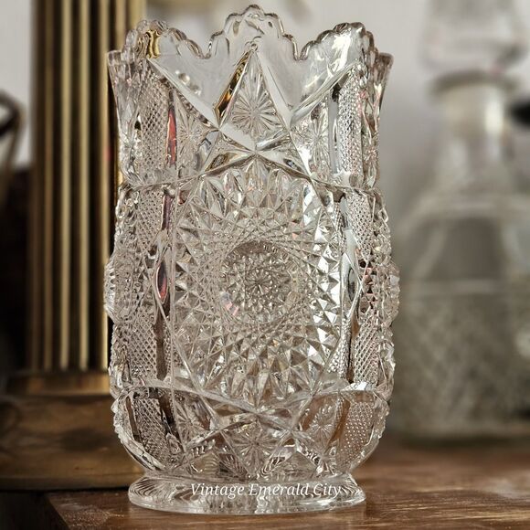 Vtg Brunswick Brilliant Cut Clear Floral Glass Vase Hobstar Sawtooth Rim/ READ - Picture 2 of 12